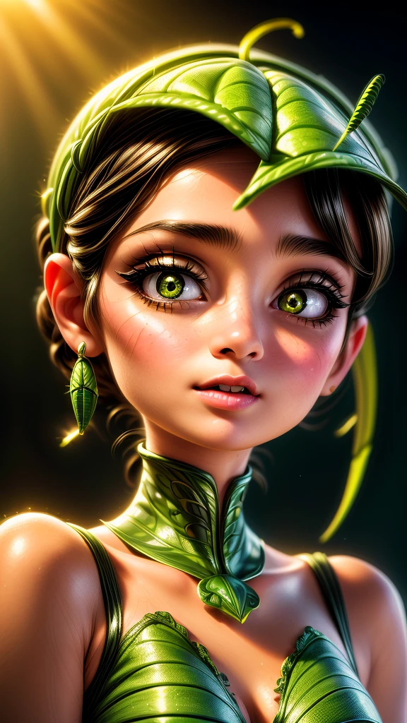 a girl dressed as a grasshopper,insect costume,beautiful detailed eyes,beautiful detailed lips,extremely detailed face,long eyelashes,intricate details,delicate features,photorealistic,8k, high quality, hyper detailed, award winning, vibrant colors, natural lighting, fantasy, digital art