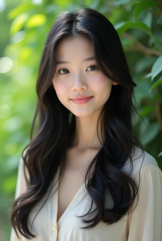 Asian Woman、Natural light、Young face、Black Hair、Long hair up to the chest、Straight hair beauty、Big eyes、Small mouth、Smaller nose、White skin、Smile with your mouth closed



