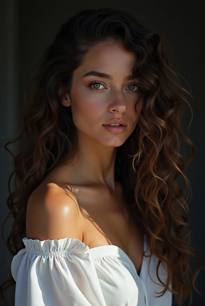 Best quality, masterpiece, ultra high res, (photorealistic:1.4), raw photo, 1girl, offshoulder, huge cleavage, in the dark, deep shadow, low key, cold light, SFW light natural tones , pencil drawing , watercolor drawing, portrait of a woman with long curly hair and white shirt, detailed eyes, beautiful , highly detailed, soft color tones, soft lighting, detailed lines, sharp, realistic, brush strokes, light hints of paint drips
