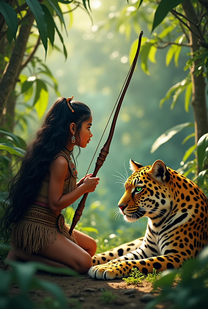 Indigenous girl with black hair, Female car, hunting with a bow and arrow crouched near a jaguar