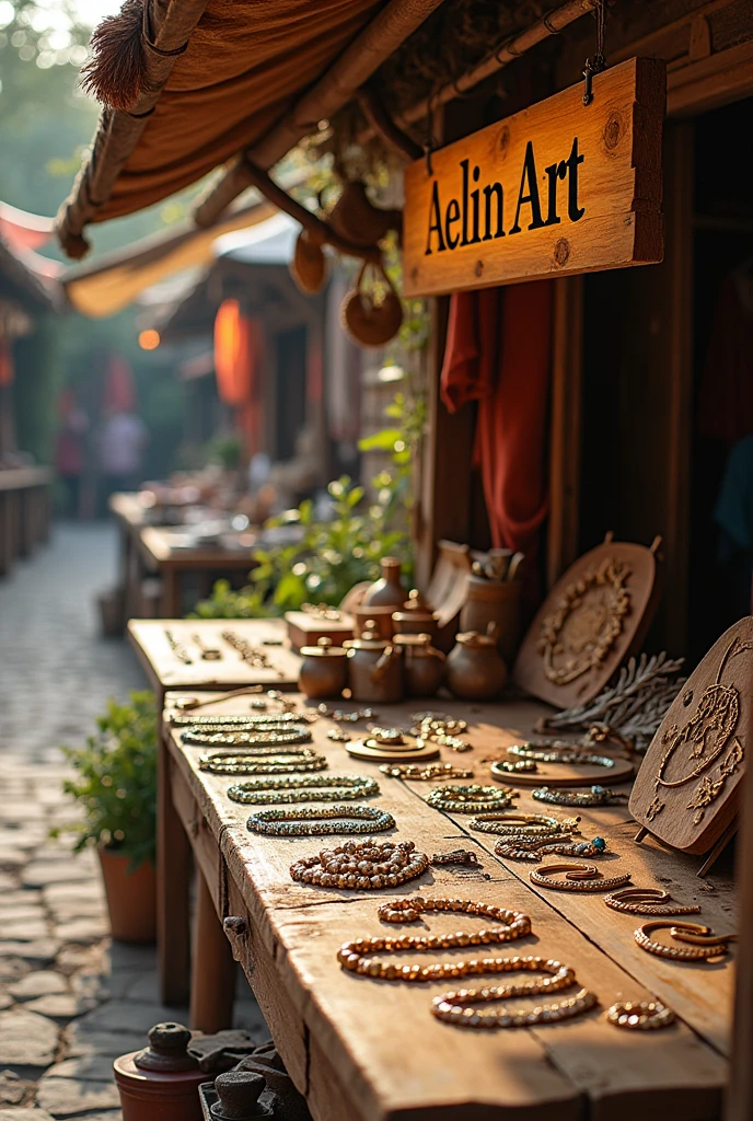 Grande table marché Stand de bijoux fait mains en laiton avec un panneau ecrit " AelinArt" . Photo en paysage. Sans personne