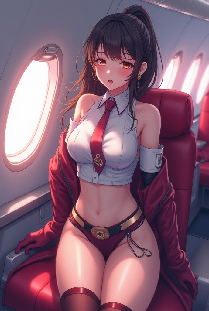 atmospheric perspective, 8K, Super detailed, Accurate, highest quality, anime background, 1 female, (ecstasy face), (droopy eyes), (blush), (sleepy), Luxuriously designed and brightly colored panties, Draw pants with super precision, (thigh-high stocking), showing off her panties, masturbation, spread legs, open your mouth, wet shirt, ((I can see the areola)), Winter clothes of flight attendants, earrings, strange pose,