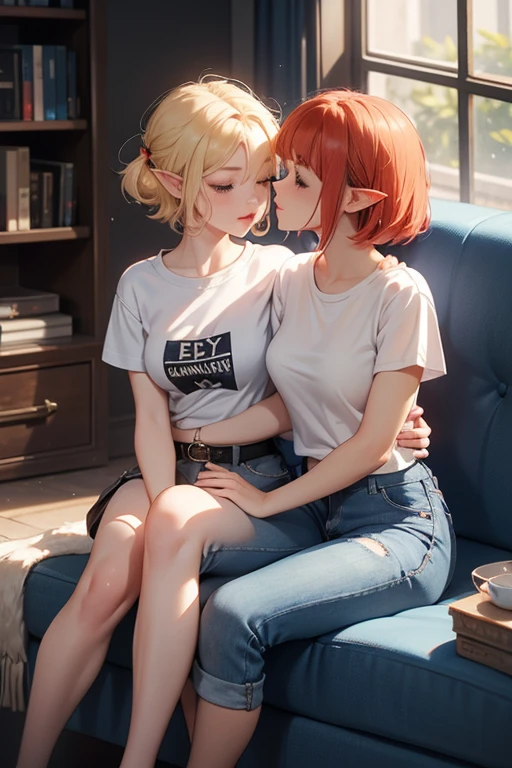 two female elves, one with short red hair, curvy build, white tight tee shirt, blue denim shorts, black heels, other elf with short blonde hair, slim build, white tight tee shirt, blue denim shorts, black heels, cuddling close on sofa, kissing, one sitting on others lap with legs wrapped around their waist, both eyes closed