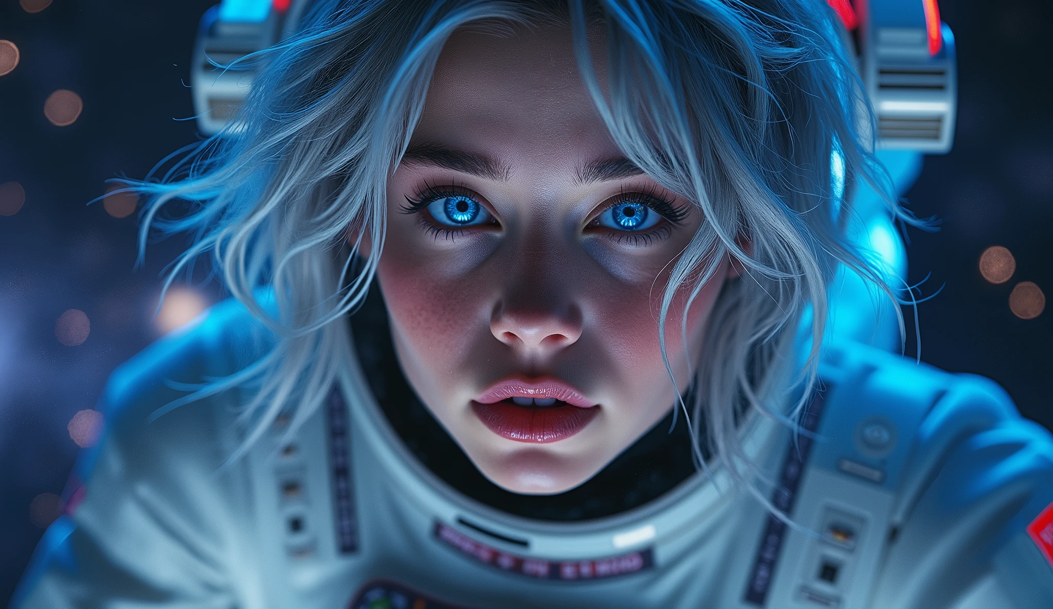 (Close-up of a better masterpiece: 1.5) 0.9], (Space and astronauts: 1.2) (Messy silver hair: 1.1) (Xanthochromia heterochromia and blue eyes: 1.2) ( Space helmet: 1.0) (Colored stars in the eyes: 1.0) (A radiant glow: 1.1) (thick lips: 0.9) in the background a beautiful galaxy