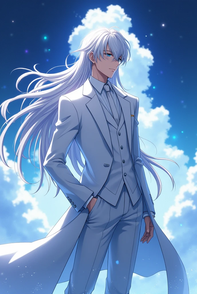 Man
Anime
White hair
Wearing a white suit
Blue eyes
Fair skin
