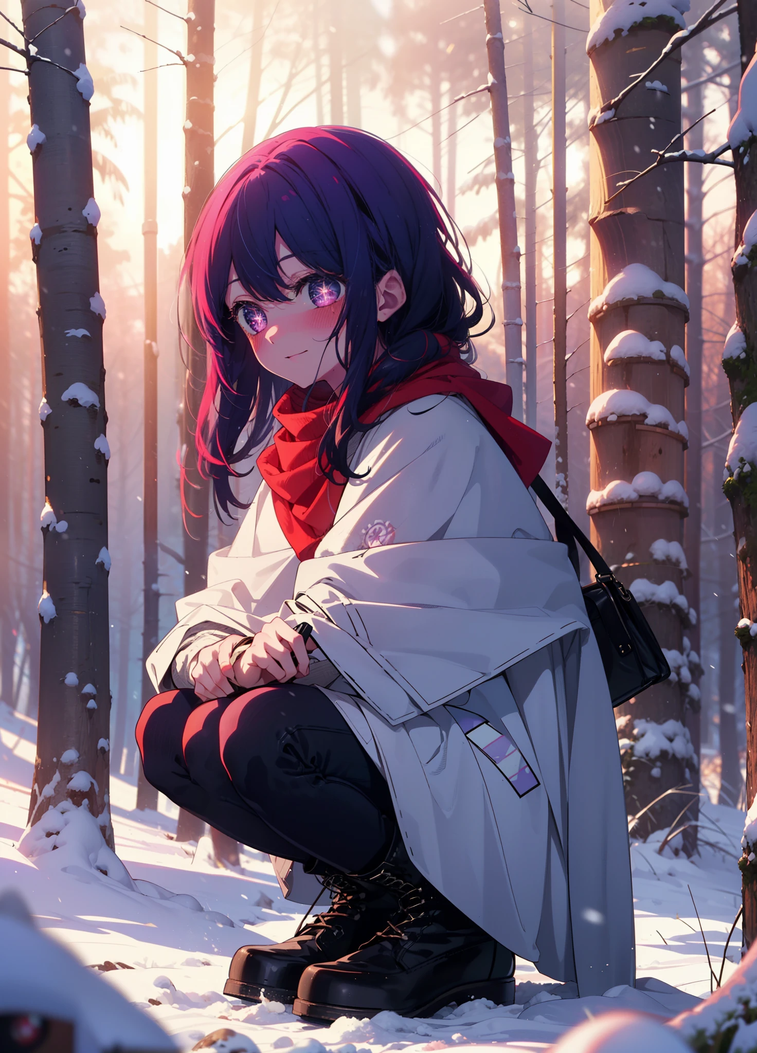 aihoshino, Ai Hoshino, Long Hair, bangs, (Purple eyes:1.1), Purple Hair, (Symbol-shaped pupil:1.5), smile,,smile,blush,white breath,
Open your mouth,snow,Ground bonfire, Outdoor, boots, snowing, From the side, wood, suitcase, Cape, Blurred, , forest, White handbag, nature, Squat, Mouth closed, Cape, winter, Written boundary depth, Black shoes, red Cape break looking at viewer, Upper Body, whole body, break Outdoor, forest, nature, break (masterpiece:1.2), Highest quality, High resolution, unity 8k wallpaper, (shape:0.8), (Beautiful and beautiful eyes:1.6), Highly detailed face, Perfect lighting, Extremely detailed CG, (Perfect hands, Perfect Anatomy),