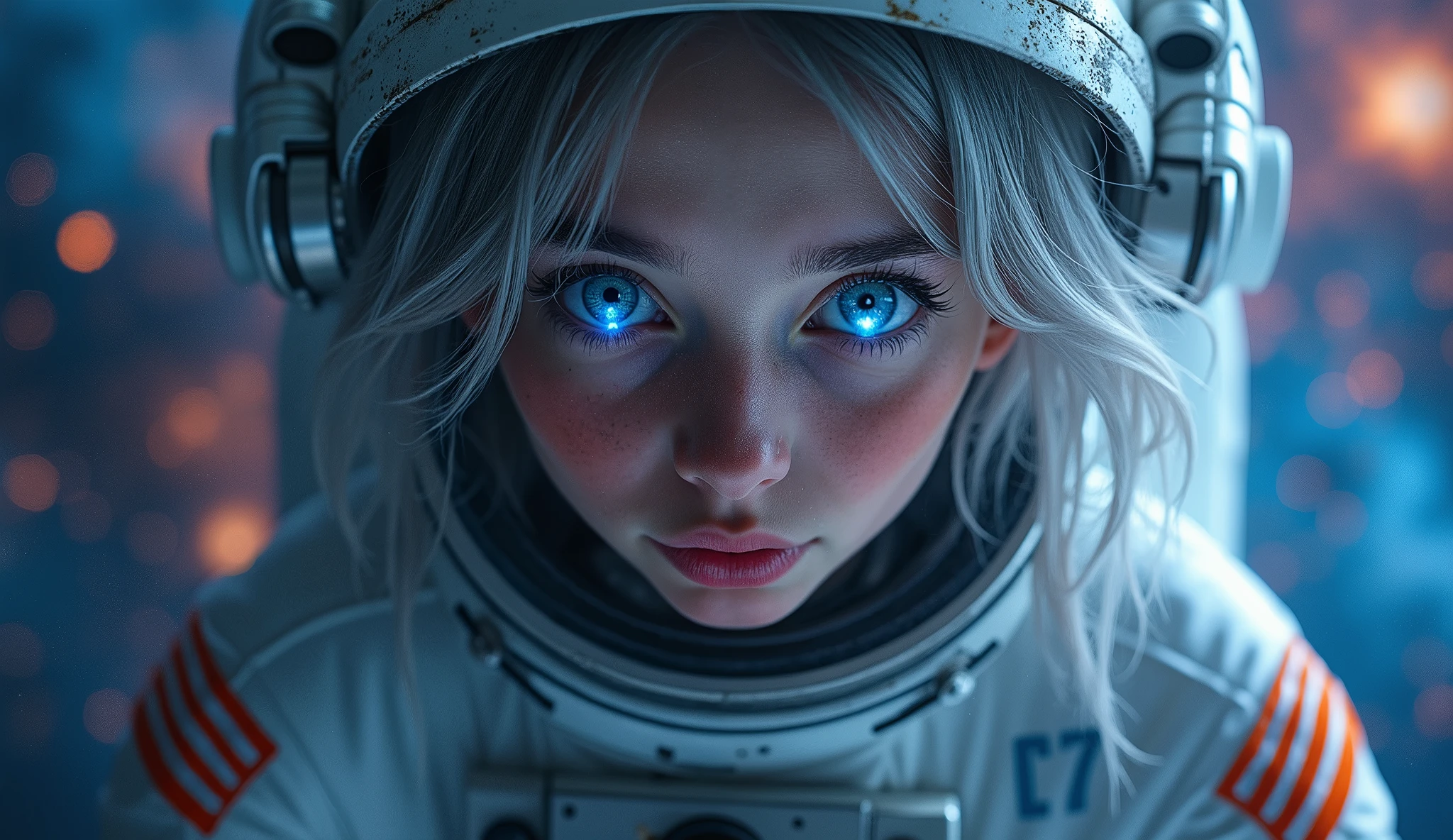 (Close-up of a better masterpiece: 1.5) 0.9], (Space and astronauts: 1.2) (Messy silver hair: 1.1) (Xanthochromia heterochromia and blue eyes: 1.2) ( Space helmet: 1.0) (Colored stars in the eyes: 1.0) (A radiant glow: 1.1) (thick lips: 0.9) in the background a beautiful galaxy