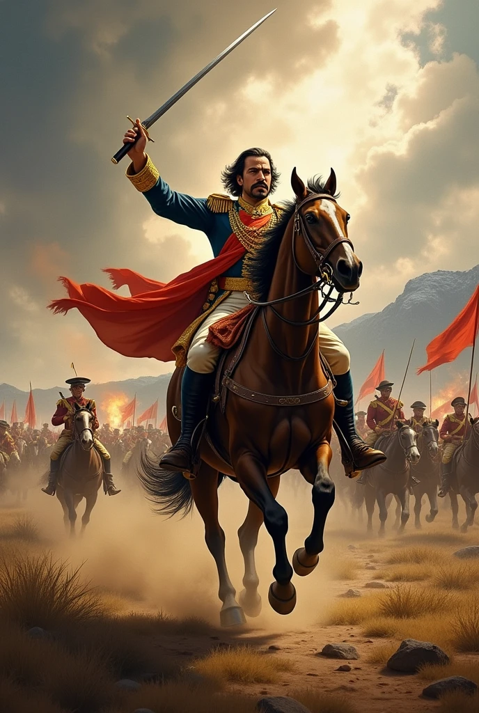 Create an image of Simon Bolivar in battle on his horse