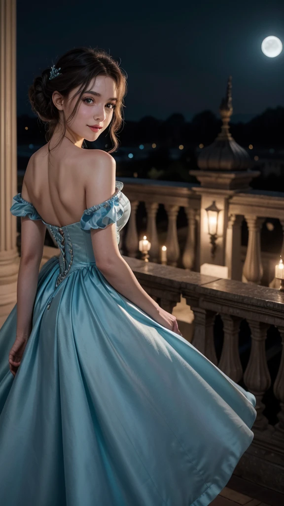 A 22-year-old woman in a classic blue Cinderella-style gown, her hair styled in an elegant updo, reaches out toward the camera with a gentle smile. She stands on a moonlit balcony, where the soft light of the moon enhances the intricate details of her dress. The scene captures her in a close-up, with the background subtly showcasing the grandeur of the palace. The overall mood is dreamy and fantastical, as if drawn from the pages of a fairytale.