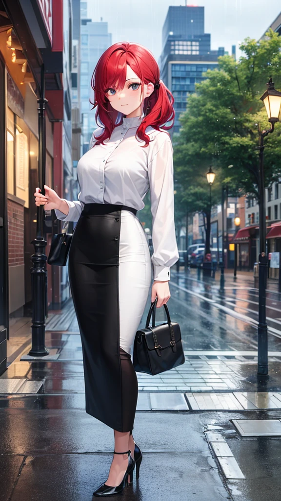 masterpiece, best quality, high detail, beautiful woman, wavy hair, red hair, low ponytail, white blouse, black coat, black midi pencil skirt, heels, looking at viewer, spring garden, cloudy sky, rainy morning, bright sky, rainy backdrop, city, city street, sidewalk, street lamp, park, trees, purse, antique building,
