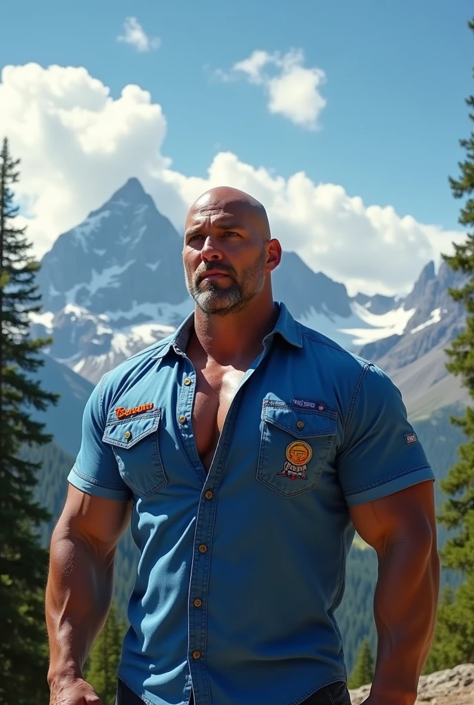 Big giant body builder white bald men wearing unbuttoned double pocket blue shirt with logos in mountain area