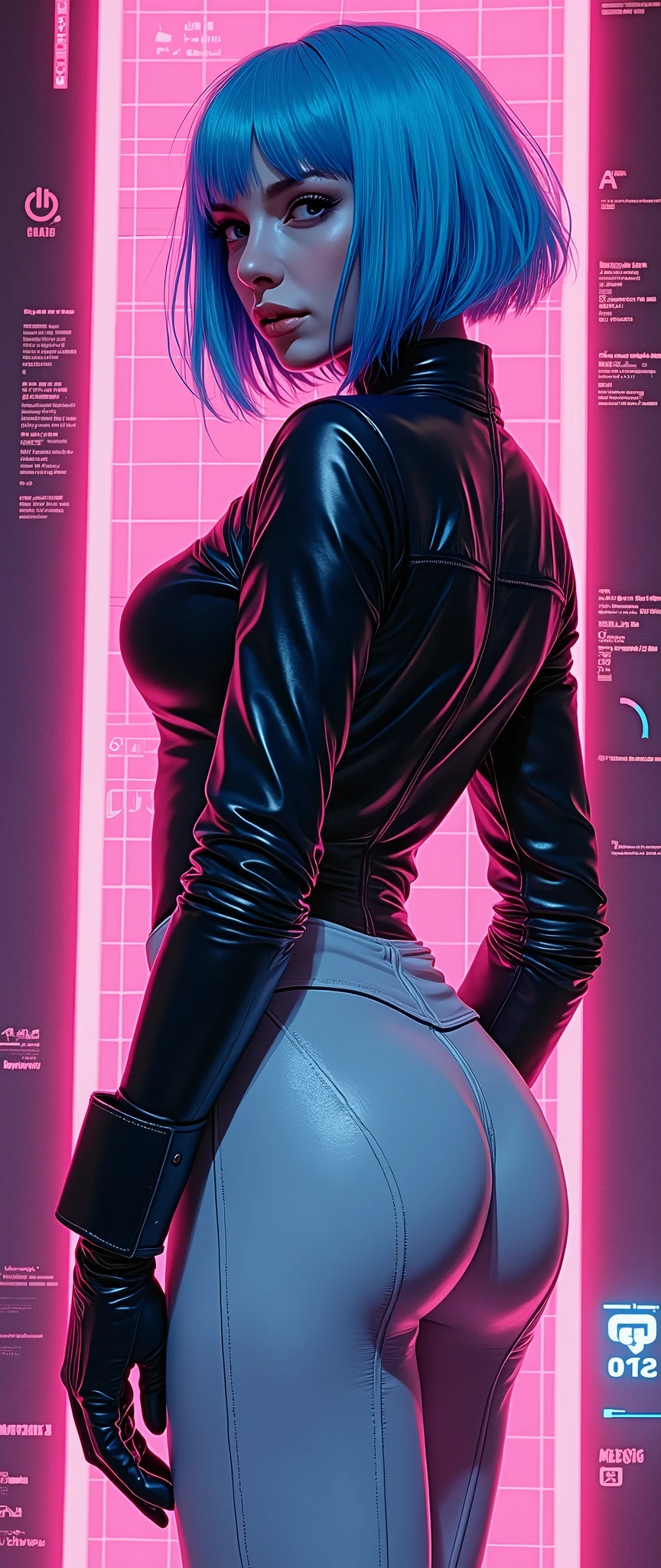 (masterpiece:1.2),(Highest quality),(Very detailed),(Ultra-high resolution),(Best illustrations),8k,wallpaper,Beautiful woman,Black Leather Jacket,(White tactical ultra high-leg bodysuit:2.0),Leather Gloves,Japanese,Short Bob,Blue Hair,whole body,psychedelic,Vector art,Layered textures,progressive,pop,sf,cyber punk,Super sexy:2.0,Super sensual:2.0,dynamic,(The background is a neon-colored digital world:2.0)