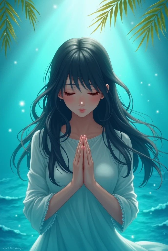 Cris the image of a person with two hands together as if in a prayer position, THANKING. The scenery around the people is turquoise blue.
