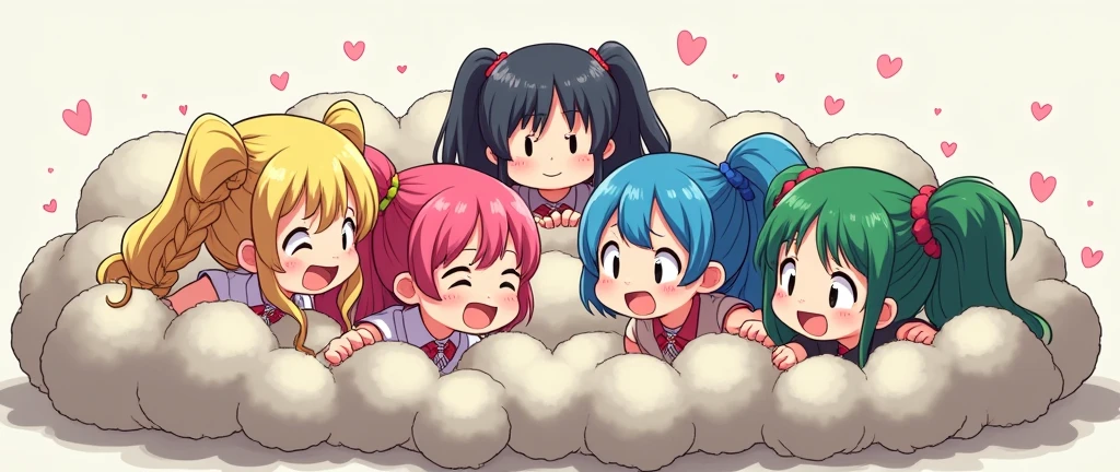 An anime-style illustration depicting four girls and adult woman playfully wrestling with each other inside a light gray comical fight cloud (dust cloud).
each girl has different  colored hair: one with blonde braided,another  with pink ponytaile,and one with blue bobcuts,and one with green twin tailes and one adult woman with black long hiar.
their faces,hands,and feet are visible emerging from the cloud as they tussle humorously,  with the rest of their bodies completely hidden inside the cloud.
the illustration emphasizes the humorous and energetic nature of their scuffle,with a fluffy  andexaggerated fight cloud.