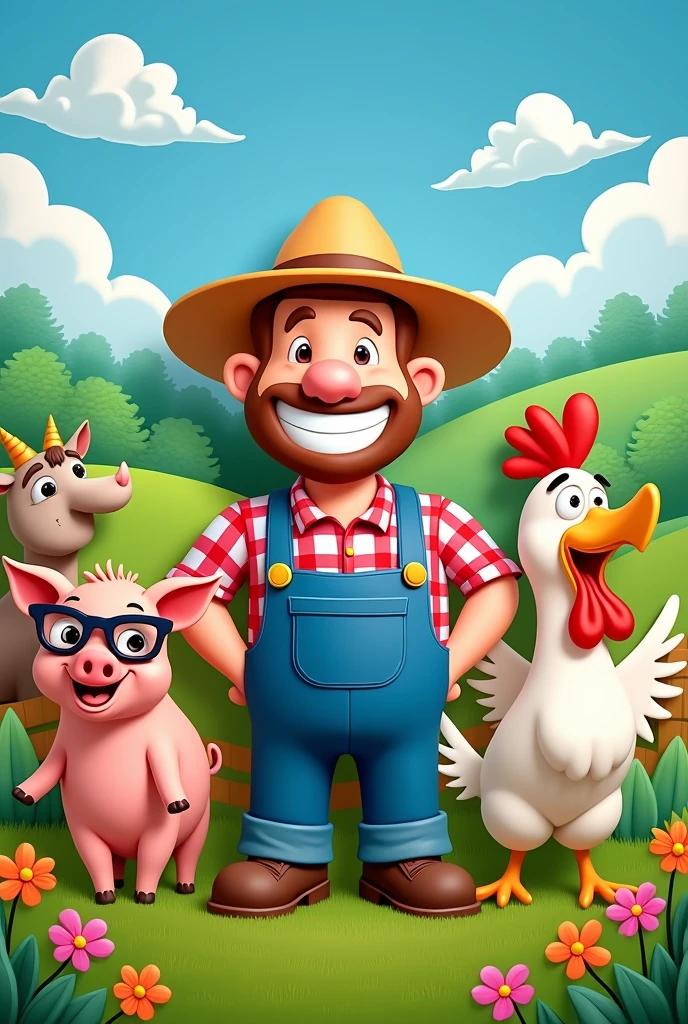 Create a large image i want to maje it like one of those cutouts where the face is missing and someone can take a pic with their face in it the theme is funny farm animals the farmers face should have enough space to put a face more animals funnier animals