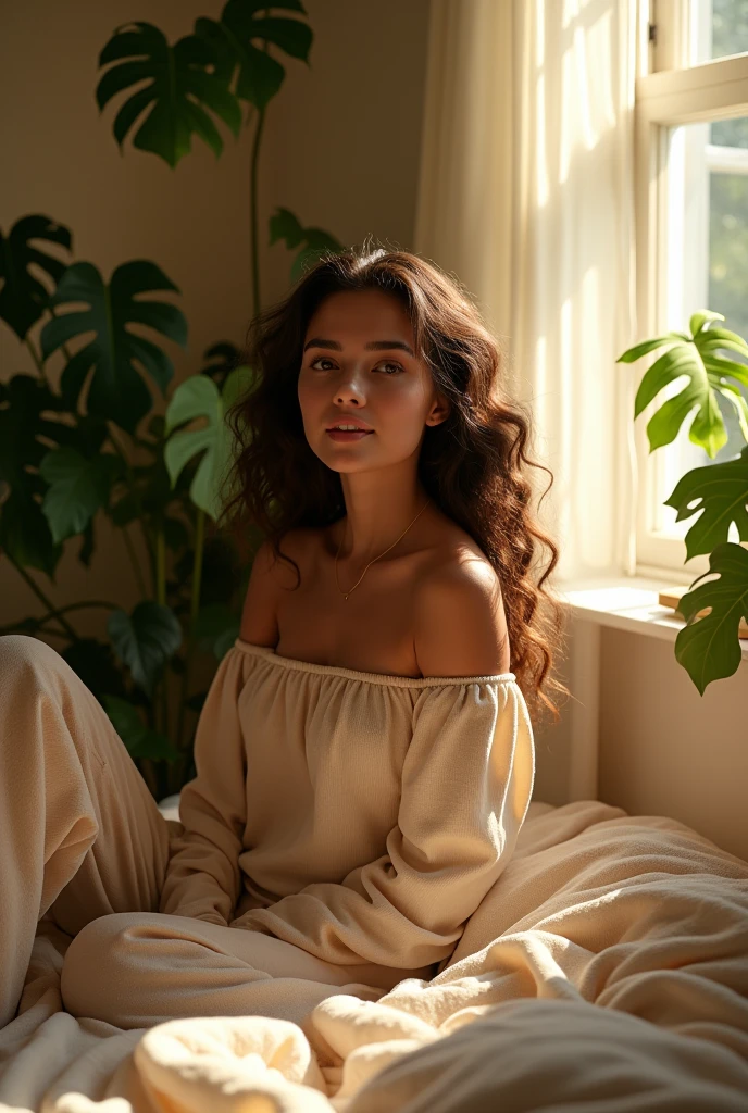(photorealism:1.2), beautiful woman, sitting on bed, wearing loose off-shoulder top, pajama pants, long curly hair, indoors, soft lighting, plants in background, window with sunlight, cozy room, relaxed pose, realistic, intricate details, warm colors, by Greg Rutkowski, by Alphonse Mucha