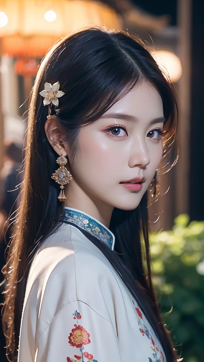 ((best quality)), ((masterpiece)), (detailed), perfect face, ((Best quality, 8k, Masterpiece: 1.3)), Sharp focus, Highly detailed face and skin texture, Detailed eyes, detailed fingers, traditional Chinese costume, royalty, empress, luxury, navy hair, straight hair, cowboy shot, Hydrangea flower, shooting stars in the background, at night