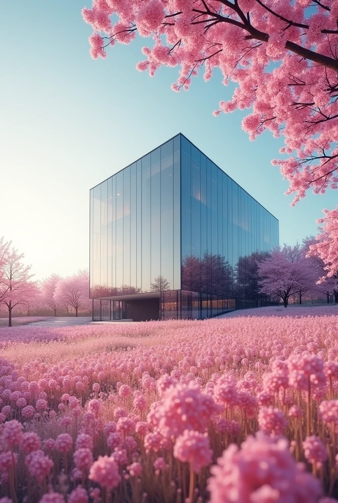 A country with a blended modern building and a pinky floral environment