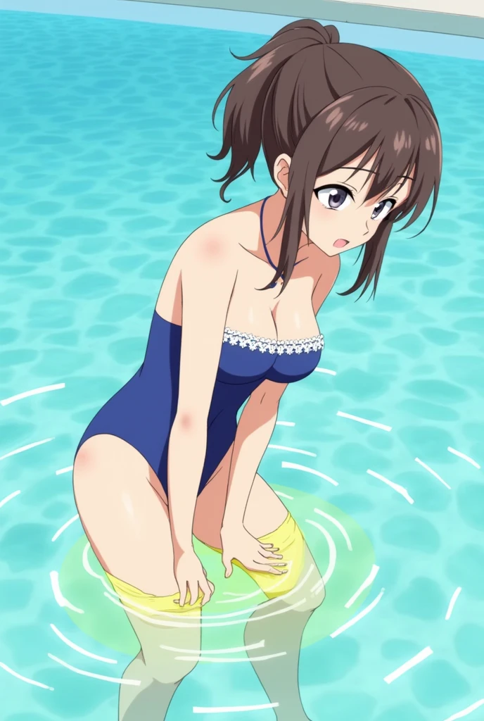 Anime, girl, girl in a blue swimsuit, pissing, pissing herself, pissing with yellow urine, pissing in the pool, yellow urine gets into the pool, yellow urine dissolves in the pool