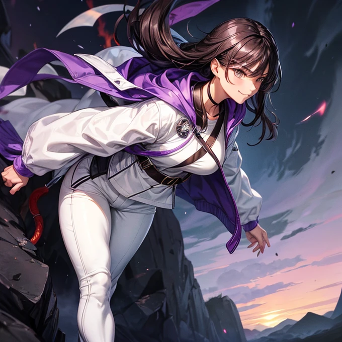 Muscular woman, alone, a white windbreaker, White trousers, Gray Hair, Black hair, A woman with Japanese features, Dragon Horn, purple military boots, Wicked Smile, Dark brown eyes, Fantastic landscape, walking through a fire of darkness.