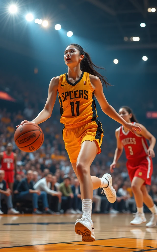 A beautiful Korean girl playing basketball,Basketball game, Dribbling,Dunk,Steals,18-year-old girl,(Half-length photo),Beautiful facial features,Glorious NBA game scene,An NBA stadium filled with spectators as the backdrop,