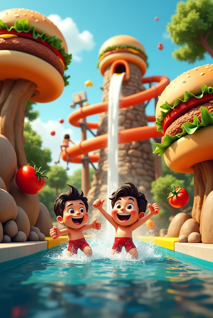 Design a playful and imaginative cartoon-style water park where everything is themed around burgers, tomatoes, and cheese. The entire park is filled with giant burger structures, with towering slides and rides made from burger buns, layers of cheese, and slices of juicy tomatoes. The water in the park is a rich, flowing black liquid, adding a unique twist to the scene. Cartoonist boys are joyfully sliding down burger-shaped water slides, splashing into the black liquid, and jumping into the water with excitement. The water park's buildings are also constructed from stacked burgers, with lettuce roofs and cheese windows. The atmosphere should be vibrant, colorful, and fun, with an emphasis on the creative use of burger elements throughout the park, making it feel like a deliciously fun adventure for kids."