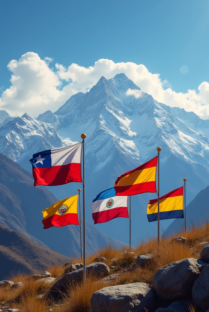 Create an HD image where you can see the flags of Chile, Peru, Bolivia, Colombia and Argentina