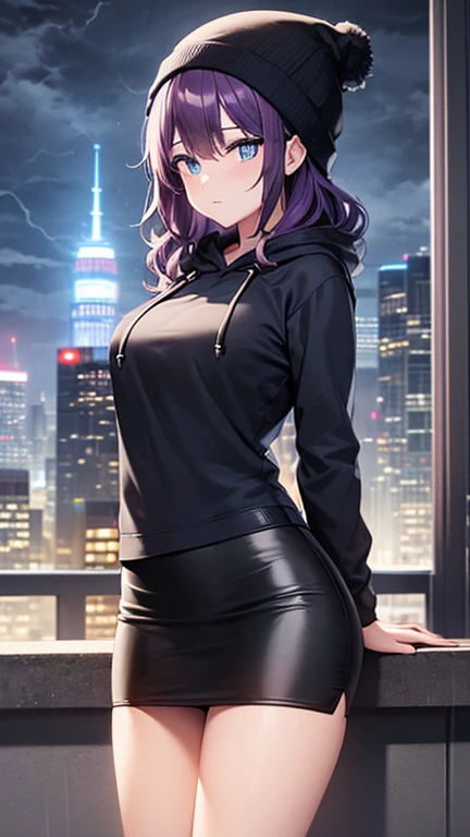 masterpiece, best quality, high detail, beautiful woman, wavy hair, (dark purple hair), (blue eyes), ((blue hoodie)), ((black midi pencil skirt)), long black pencil skirt, ((black skirt)), leather boots, black beanie, looking at viewer, rainy backdrop, storm, clouds, city alley at night, (night sky), reflective light, blue light, neon lights, tower,
