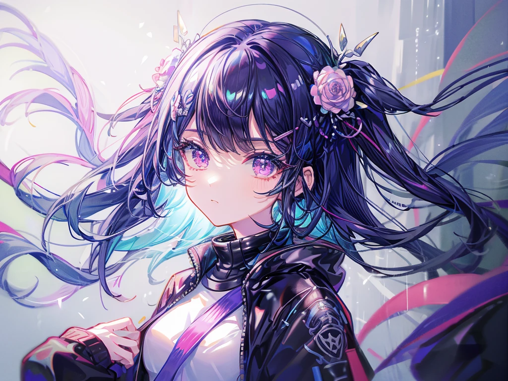 1girl in、florals,((masterpiece:1.4), best quality, HDR,UHD,8K), expressive eyes, cute chibi face, 1girl, solo, cute, perfect body, long light blue hair, wavy long bangs,chibi pink eyes, white skin, black crop top,pink tie, has black skirt,