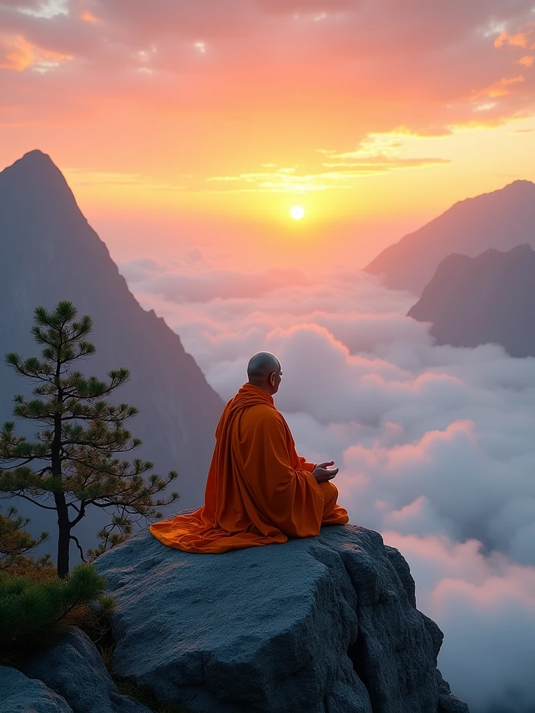 Real photography,Look at the audience with both eyes,An aged Chinese monk, clad in an orange robe, meditates peacefully atop the majestic mountain.,he sits cross-legged,Eyes closed,concentrated,The early morning sky displays breathtaking sunrise hues,The sun has just peeked over the furthest mountain range,casting a soft golden glow over the tranquil scene,Soft clouds float gently below the mountain peak,making the monk appear as if he is within it,a few pine trees are visible dotting the rocky hillside,adding a touch of fresh green to the painting。