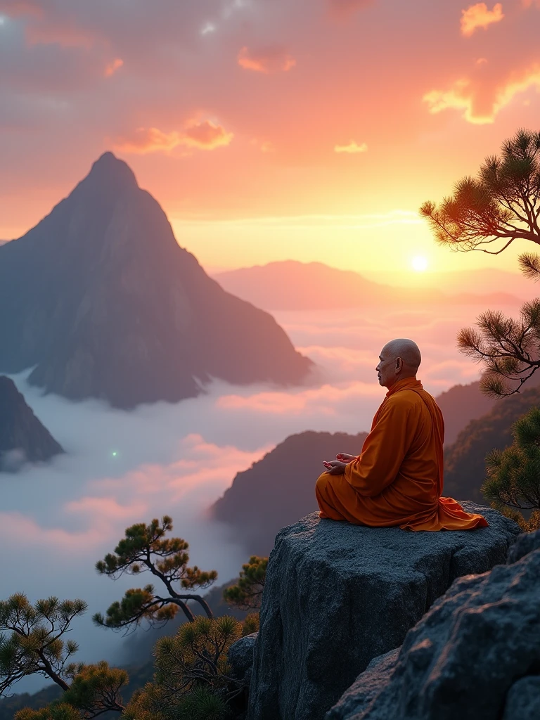Real photography,Look at the audience with both eyes,An aged Chinese monk, clad in an orange robe, meditates peacefully atop the majestic mountain.,he sits cross-legged,Eyes closed,concentrated,The early morning sky displays breathtaking sunrise hues,The sun has just peeked over the furthest mountain range,casting a soft golden glow over the tranquil scene,Soft clouds float gently below the mountain peak,making the monk appear as if he is within it,a few pine trees are visible dotting the rocky hillside,adding a touch of fresh green to the painting。