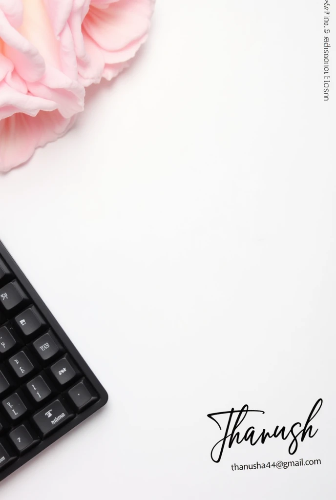 Create a 4:1 image for profile background with keyboard on the left side and name Thanush on the right side and below my name have email ID thanushab4@gmail.com
Have cursive font
Have light coloured background with a mixture of white and pink
Give me high quality image