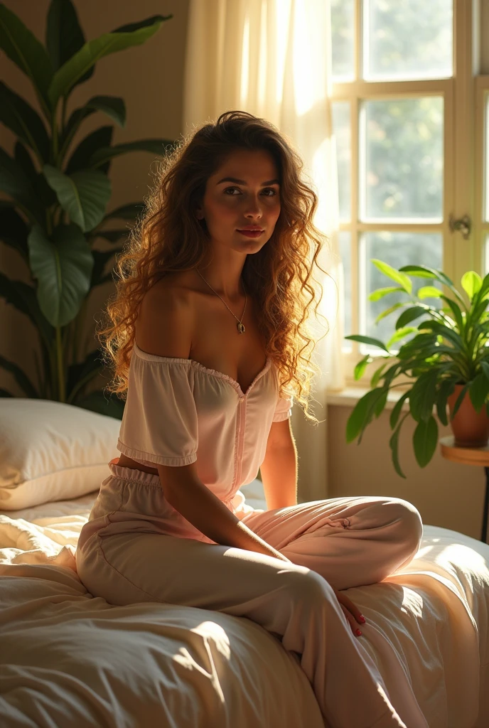 (photorealism:1.2), beautiful woman, sitting on bed, wearing loose off-shoulder top, pajama pants, long curly hair, indoors, soft lighting, plants in background, window with sunlight, cozy room, relaxed pose, realistic, intricate details, warm colors, by Greg Rutkowski, by Alphonse Mucha