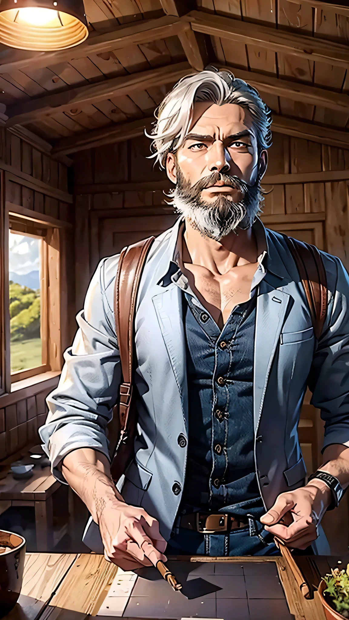 最high quality、Best image quality、masterpiece、male((40 years old、Slender、Lazy beard、With an assault rifle、White shirt、Red eyes、all back、Gray Hair、Chew a cigar、Black rider jacket、Blue denim trousers、Black rucksack、Beard、Show the whole body))high quality、Beautiful art、background((grassland、Strong winds、hut)),Tabletop、Exquisite design、Visual Arts、Written boundary depth、Best lighting、Highest detail、8k