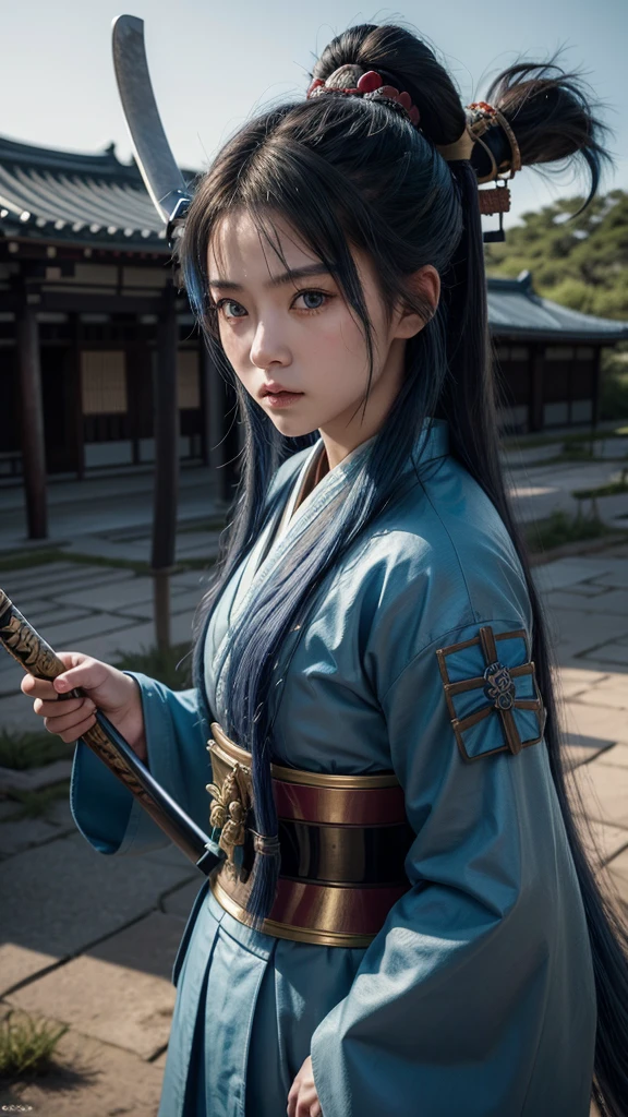 A young female samurai with long blue hair, blue eyes, wearing blue Japanese armor, and holding a katana. She stands on a battlefield. The scene is photo realistic, 8k quality, masterpiece, High Resolution, High Quality.