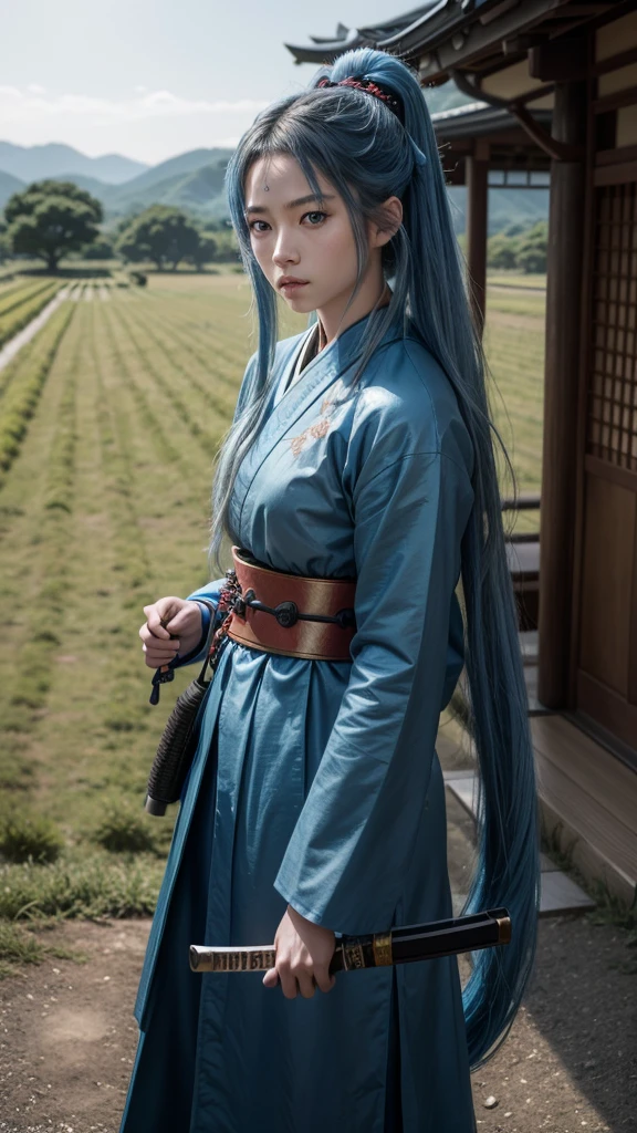 A young female samurai with long blue hair, blue eyes, wearing blue Japanese armor, and holding a katana. She stands on a battlefield. The scene is photo realistic, 8k quality, masterpiece, High Resolution, High Quality.