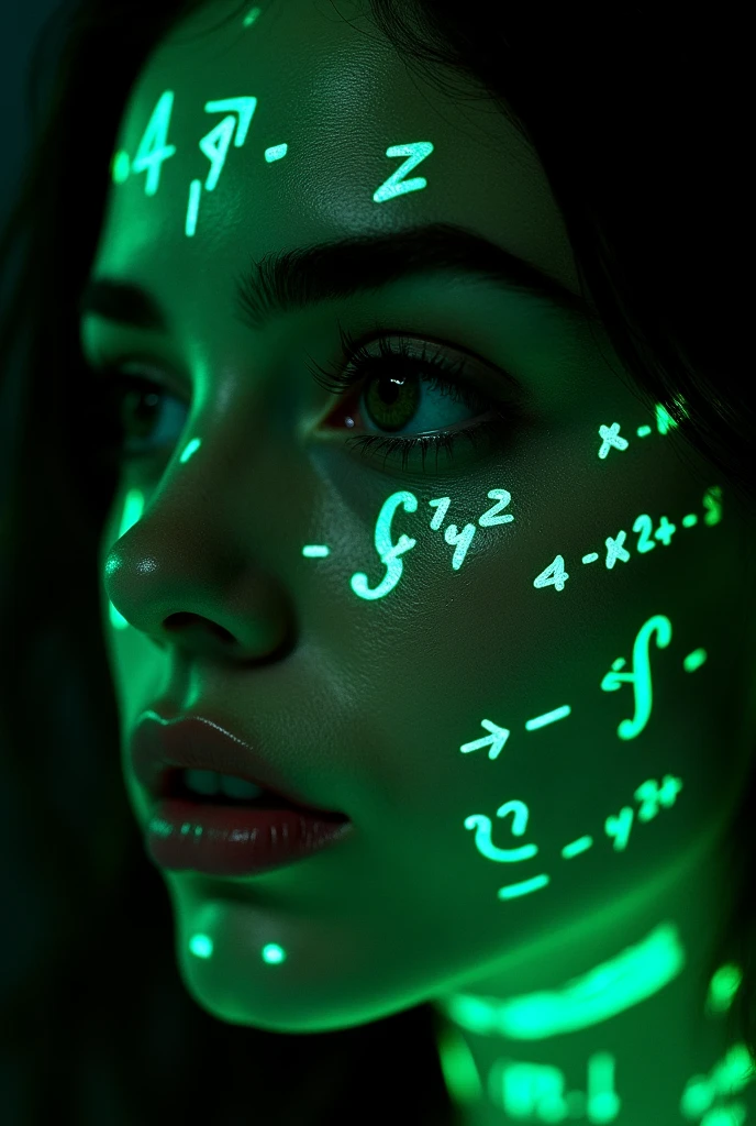 Close up of woman's face, Glowing green holographic equation projected onto skin. Strong gaze, Realistic features. Dark background, Cyberpunk aesthetics. Glowing math formulas, Handwriting style. Futuristic, High-tech atmosphere. Photorealistic rendering, Dramatic Lighting, In sharp contrast