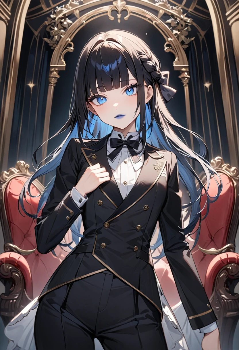 (masterpiece, top quality, very aesthetic, 4k、illustration), intricate detail, 1woman,(Women in men's clothing)、solo,contrapposto 、(gradient eyes、tareme)、Strong glowing eyes、blunt bangs,Fair skin,(cowboy shot)、Cool women、clear face、(Blue lipstick),beautiful face、(gradient hair)、(short single braid)、multicolored hair,sidelock ,blue　eyes、Butler's uniform、Pants Style、small breasts、slender 、