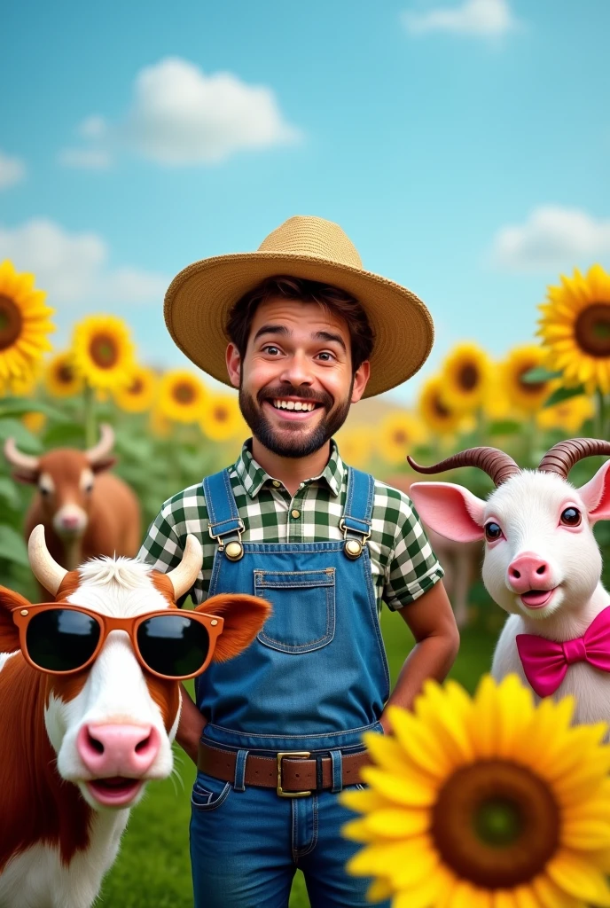Create a large image i want to maje it like one of those cutouts where the face is missing and someone can take a pic with their face in it the theme is funny farm animals the farmers face should have enough space to put a face more animals crowd the farmer in a selfie way make it funny not creepy