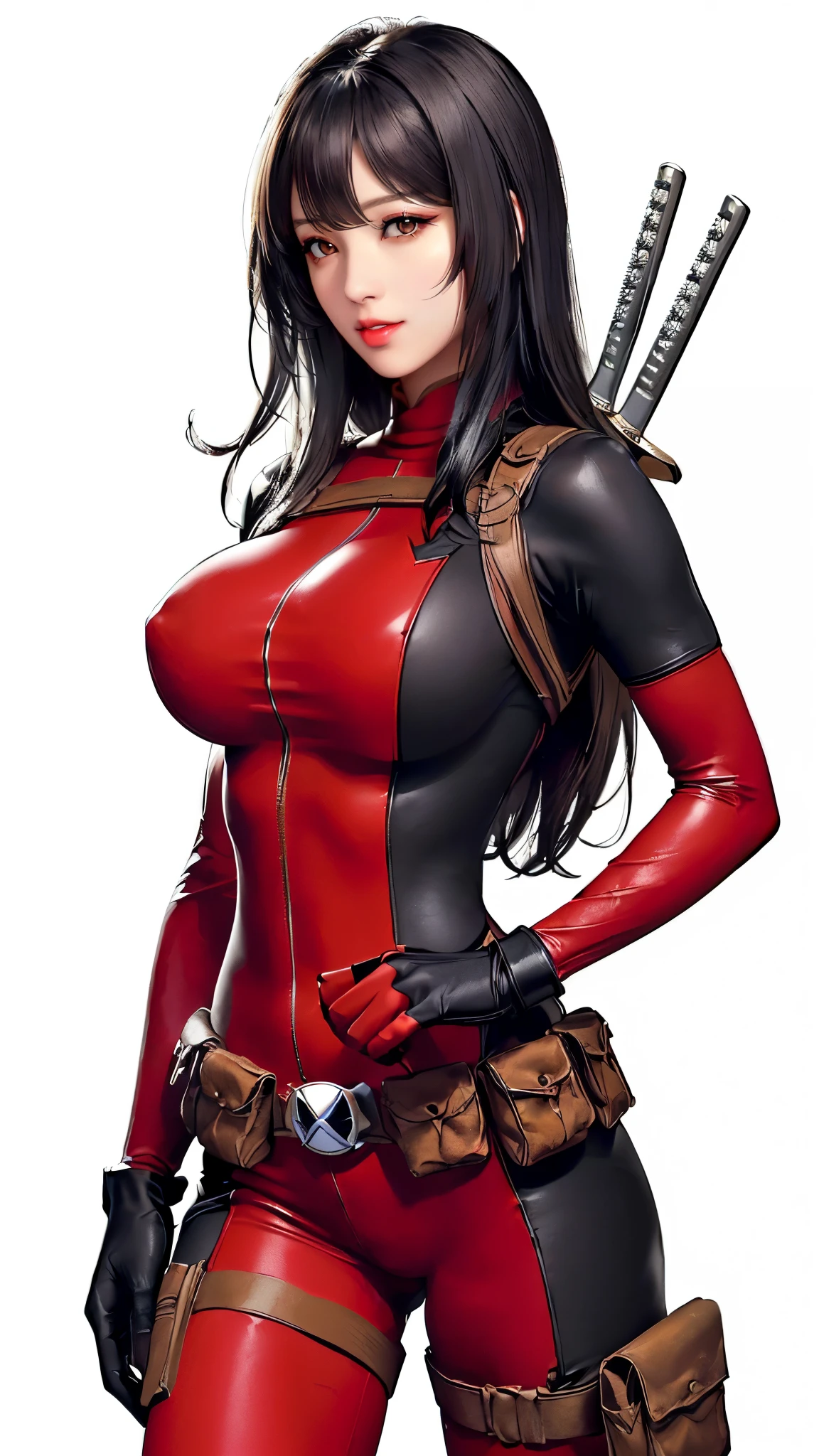 (((Perfect body,White and tender skin,(((BodySuit_lady_deadpool_ownwaifu,bodysuit, skin tight, superhero, Belt Pouch, utility belt, red bodysuit, gloves, weapon on back, thigh pouch, thigh strap, thigh holster, belt buckle, turtleneck, ))),(((ailisha,Black long hair, super long hair, slanted bangs, brown eyes, red lips))),((masterpiece)),high resolution, ((Best quality at best)),masterpiece,quality,Best quality,((( Exquisite facial features,Looking at the audience,There is light in the eyes,Smile))),Knife in hand))),(((Light and shadow,Huge breasts,))),(((Looking at the camera,White background,)))),