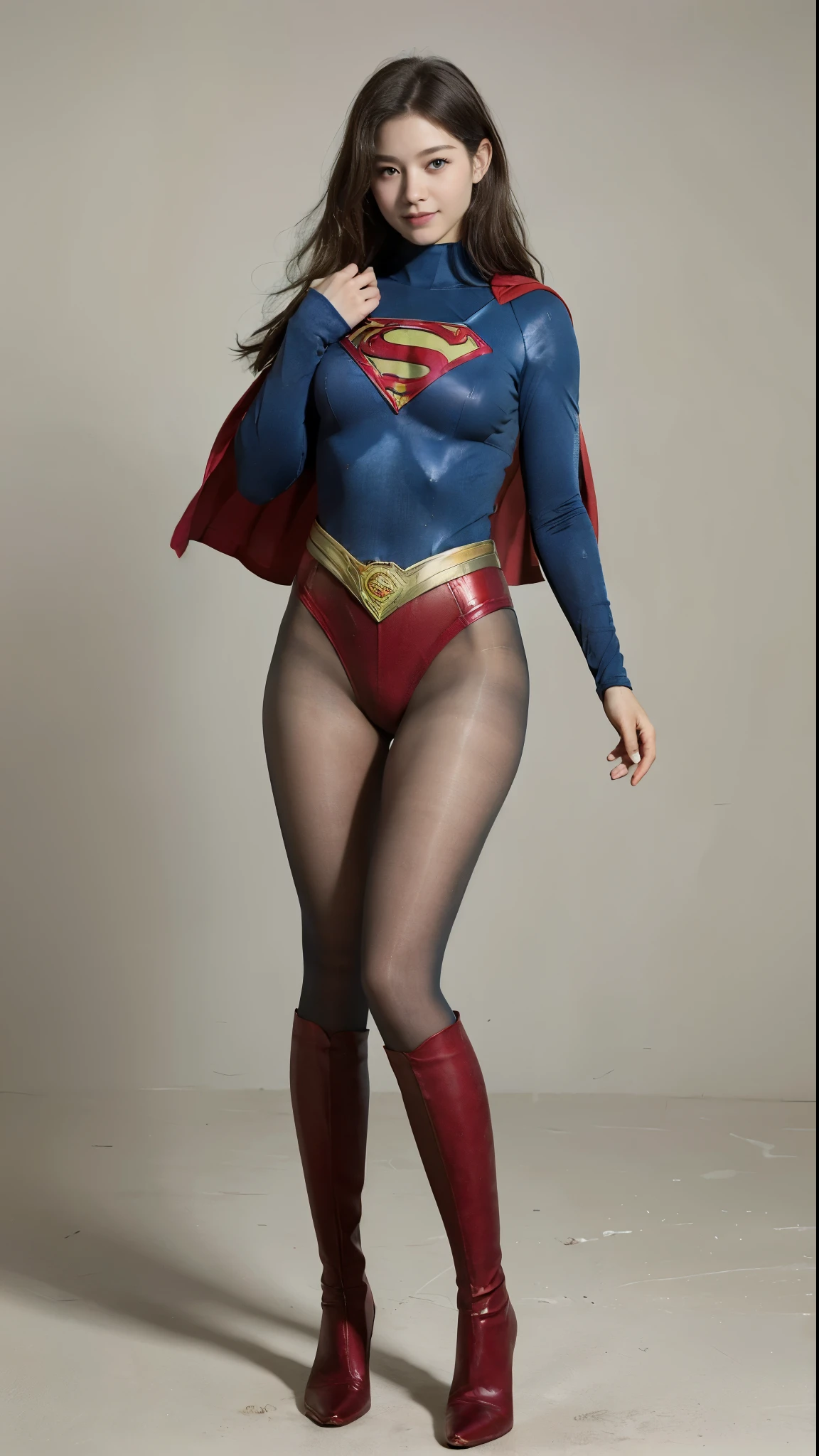 No background、(((Beautiful legs in black tights.)))、(((Legally express the beauty of your smile)))、((((Make the most of your original images)))、(((Supergirl Costume)))、(((Beautiful Hair)))、(((suffering)))、(((Please wear black tights....、Wear red boots)))、((Best image quality、8k))、((Highest quality、8k、masterpiece:1.3))、(((Preserve background )))、Sharp focus:1.2、Beautiful woman with perfect figure:1.4、Slim Abs:1.2、Wet body:1.5、Highly detailed face and skin texture、8k