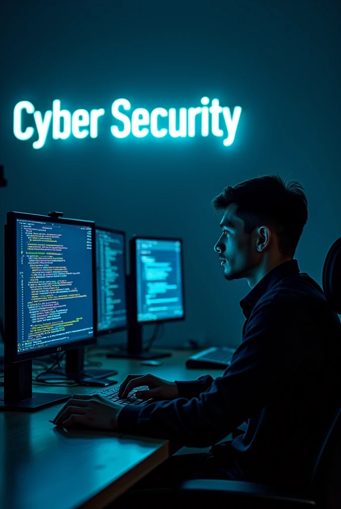 Make a cinematic, realistic of an Cyber security analyst infront of computer in dark room with neon lights and behind the person text"Cyber Security", aspect ratio 16:9 , 4k.