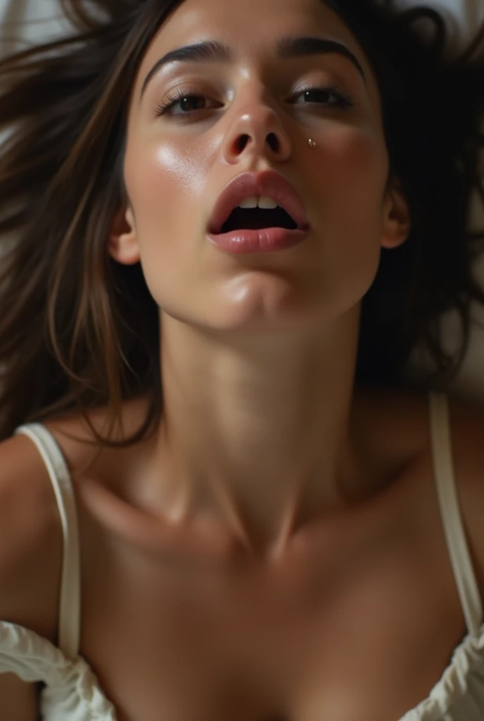 realist, women, beautiful mouth, focus on the mouth, sexy, lick, rubio, ORGASM, the eyes are slightly open, the eyes are twisted upwards between the eyebrows in ecstasy, Deep neckline that creates a firm chest, 19mm lens, Top down POV of girl sitting on floor with mouth open, sticky, translucent shooting into his mouth,
