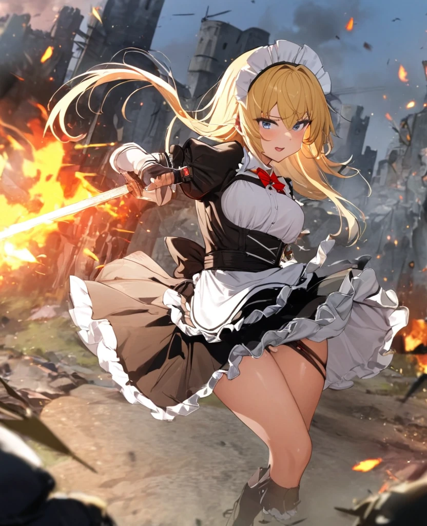 (8k, super high quality, masterpiece), (detailed), One Woman, Small breasts, Blonde, cute, Slightly longer, Apron dress, Maid clothes, Fighting with a two-handed sword, Burning Battlefield, Castle Defense, It's dirty, Torn clothing, 