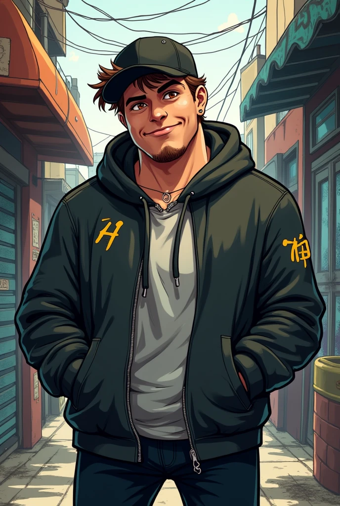 Round face man , thick man, in game like valorant with brown hair and Japanese eyes, smiling but a devilish. Not that fat. With hoodie and cap. Bad ass. Not smiling. Cool and messy background. Brown eyes. Grown man.