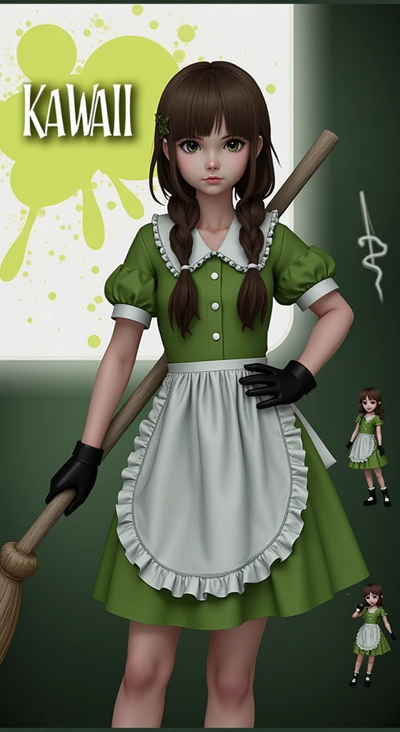 The image is a promotional poster for a cosplay costume called "KAWAII". The background of the poster is pink with splashes of yellow and green. In the center, there is a young girl wearing a green dress with a white apron and black gloves. She has long brown hair styled in two braids and is holding a broomstick in her right hand. The girl is posing with her left hand on her hip and is looking directly at the camera with a serious expression. On the right side of the image, there are two smaller images of the same girl wearing the same costume. The text on the poster reads "KAWAII" in bold, white letters.