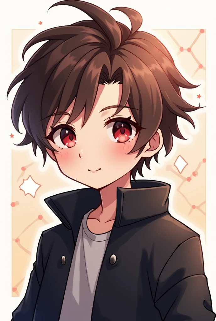 A 2d logo anime boy having brown hair and red eyes and simple black jacket