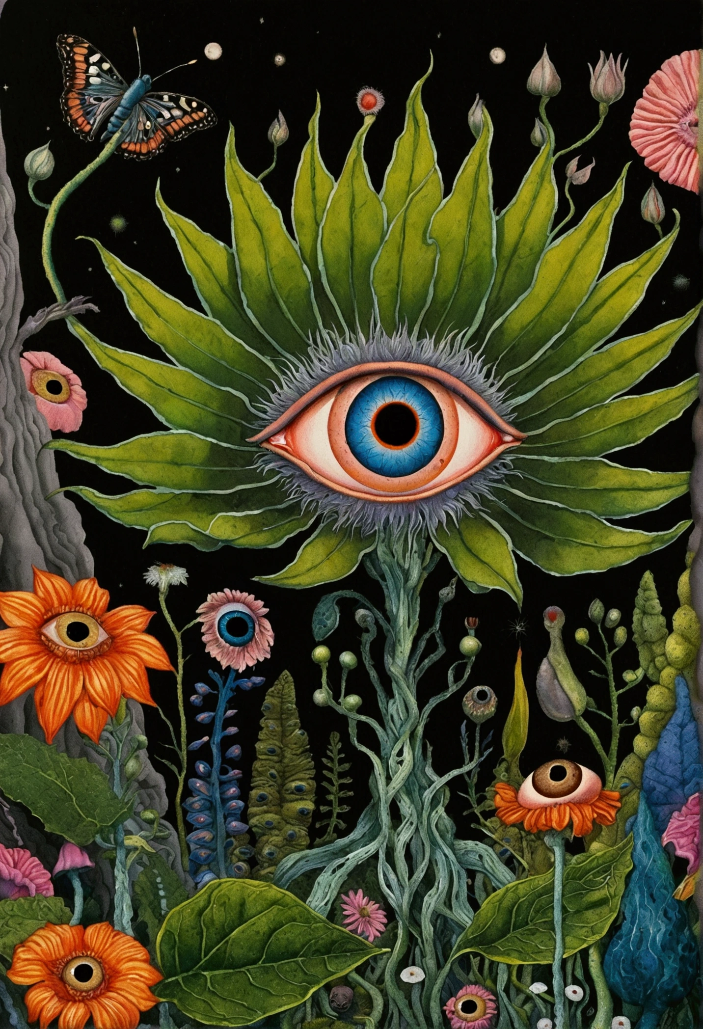 A painting,A flower with big eyes in the painting,Surrounded by plants, Psychedelic surrealist art, The holy grail of the eyes of the brain, Shaman horror LSD art, Psychedelic illustration, Pop surrealism, Surreal psychedelic design, Exotic plants and fauna, Exotic plants, Psychedelic Art, Highly detailed hyperrealistic art, strange plants, hallucinatory art, DMT art, Psychedelic Artwork