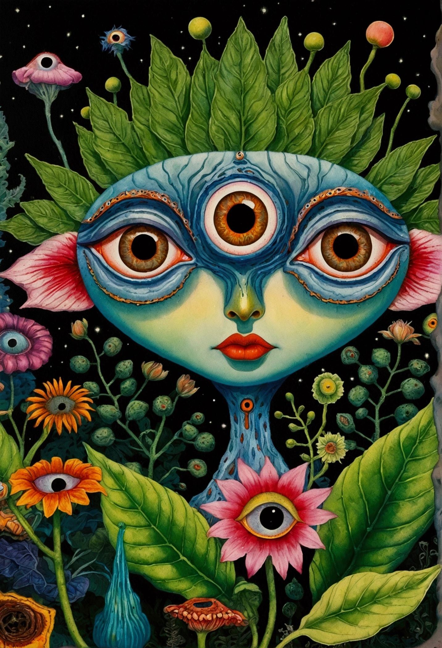 A painting，A flower with big eyes in the painting，Surrounded by plants, Psychedelic surrealist art, The holy grail of the eyes of the brain, Shaman horror LSD art, Psychedelic illustration, Pop surrealism, Surreal psychedelic design, Exotic plants and fauna, Exotic plants, Psychedelic Art, Highly detailed hyperrealistic art, strange plants, hallucinatory art, DMT art, Psychedelic Artwork