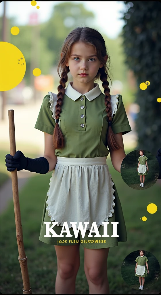 The image is a promotional poster for a cosplay costume called "KAWAII". The background of the poster is pink with splashes of yellow and green. In the center, there is a young girl wearing a green dress with a white apron and black gloves. She has long brown hair styled in two braids and is holding a broomstick in her right hand. The girl is posing with her left hand on her hip and is looking directly at the camera with a serious expression. On the right side of the image, there are two smaller images of the same girl wearing the same costume. The text on the poster reads "KAWAII" in bold, white letters.